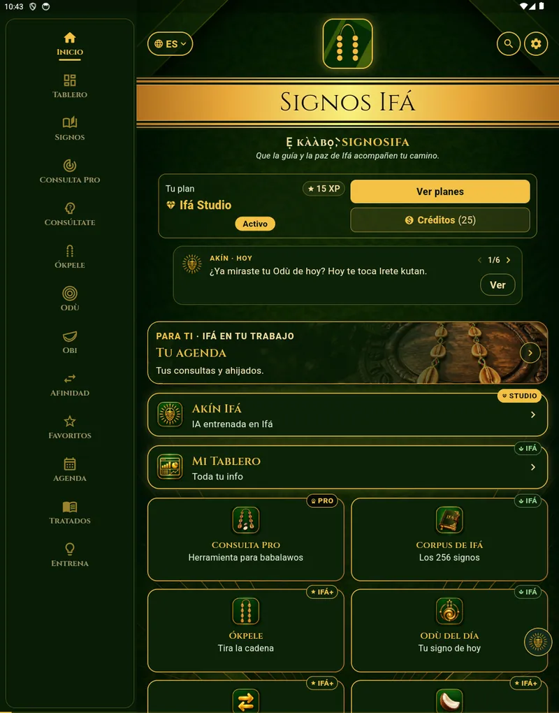 Pantalla «Inicio» de Signos de Ifá en iPad