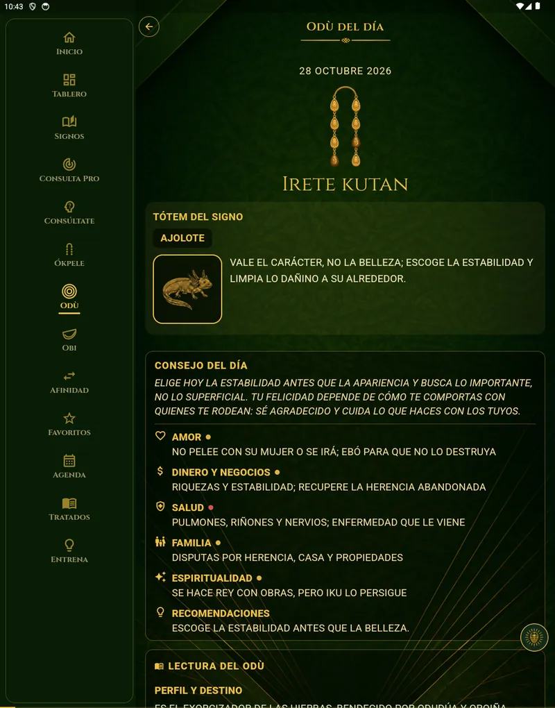 Pantalla «Ifá de hoy» de Signos de Ifá en iPad