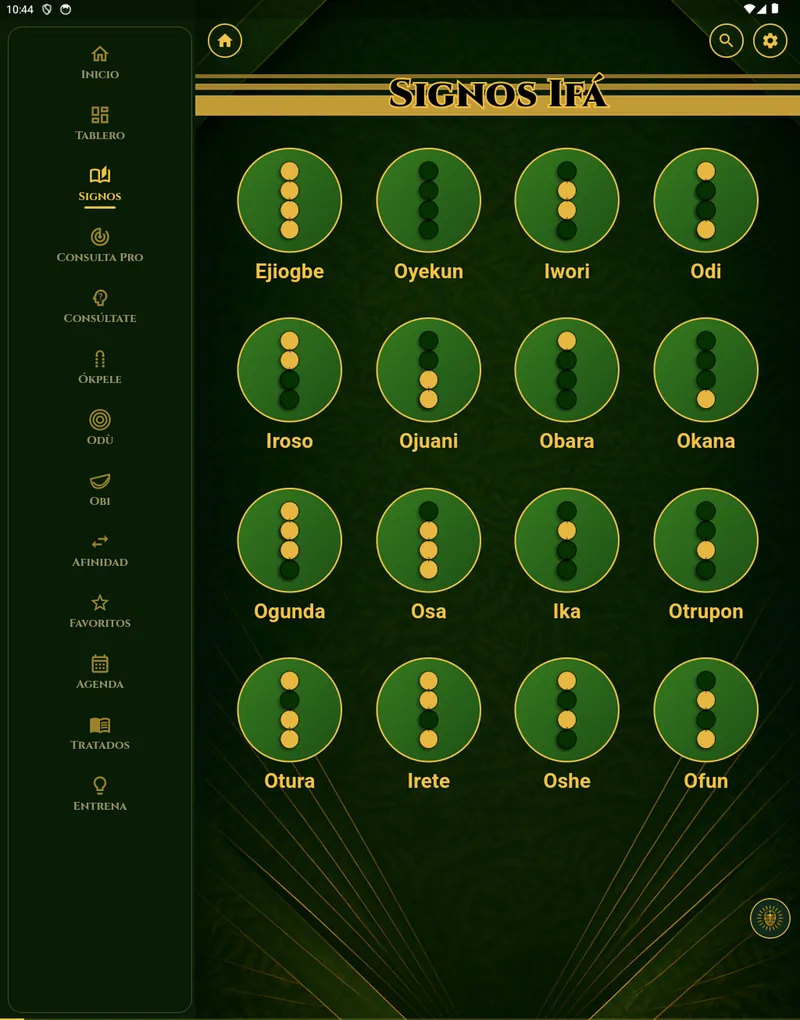 Pantalla «Los 256 odù» de Signos de Ifá en iPad
