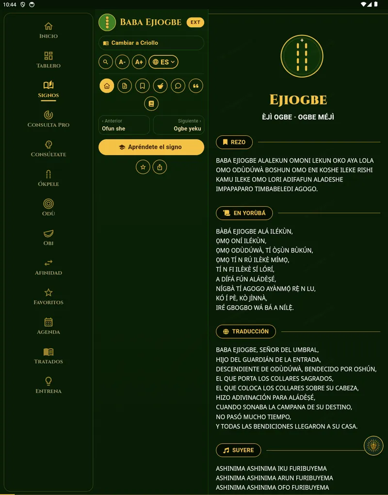 Pantalla «Ficha del signo» de Signos de Ifá en iPad