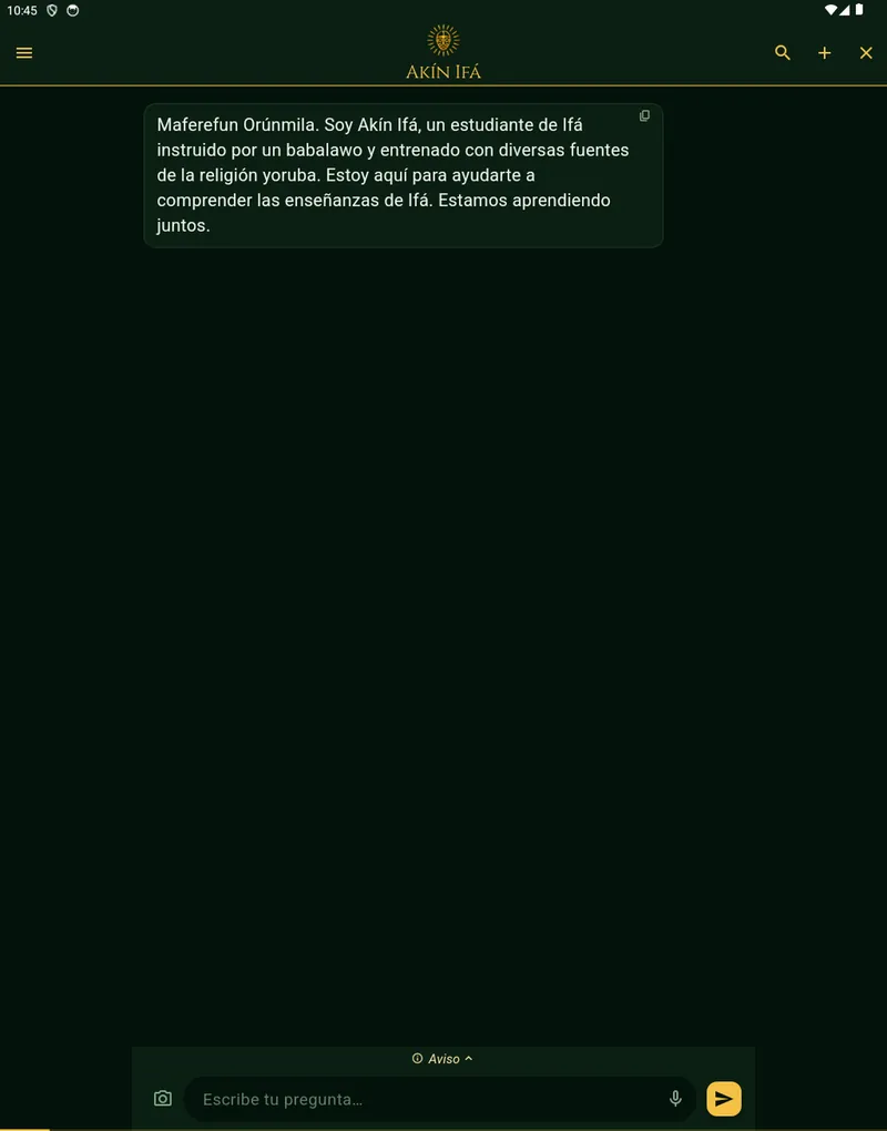 Pantalla «Akín, tu asistente» de Signos de Ifá en iPad