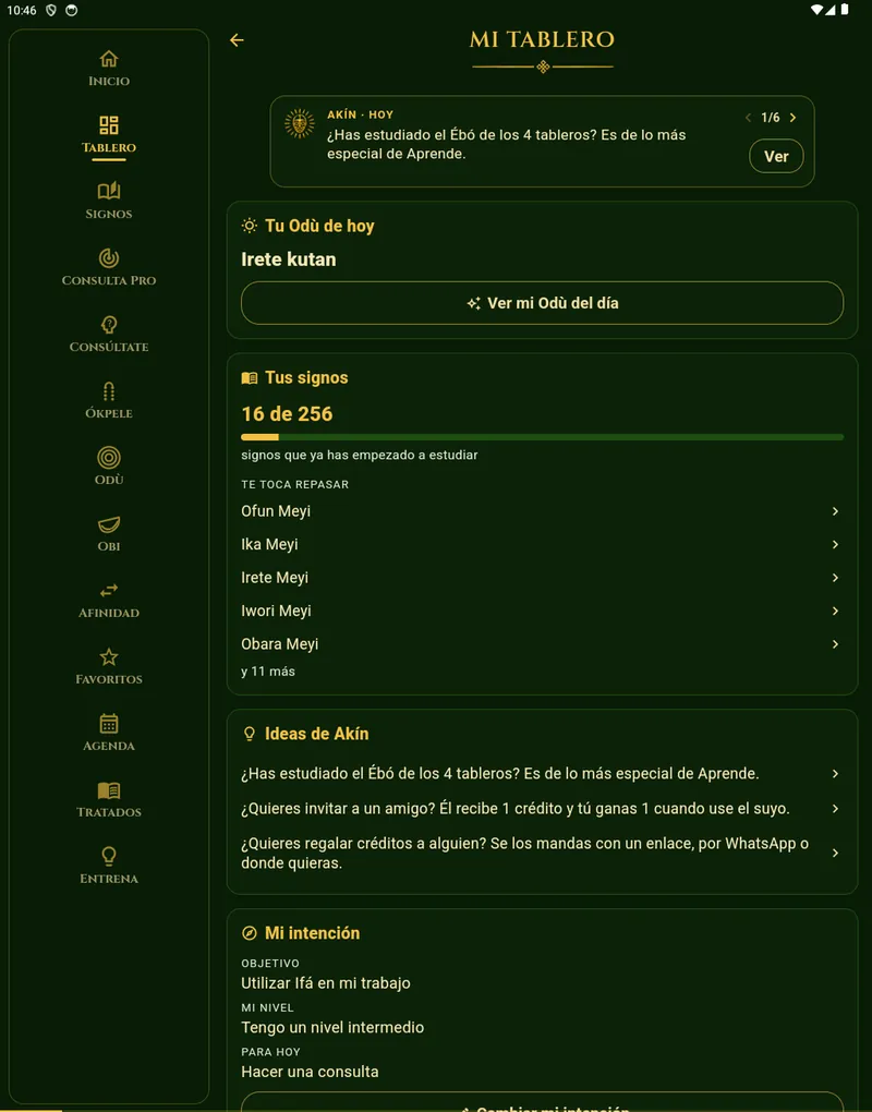 Pantalla «Mi tablero» de Signos de Ifá en iPad