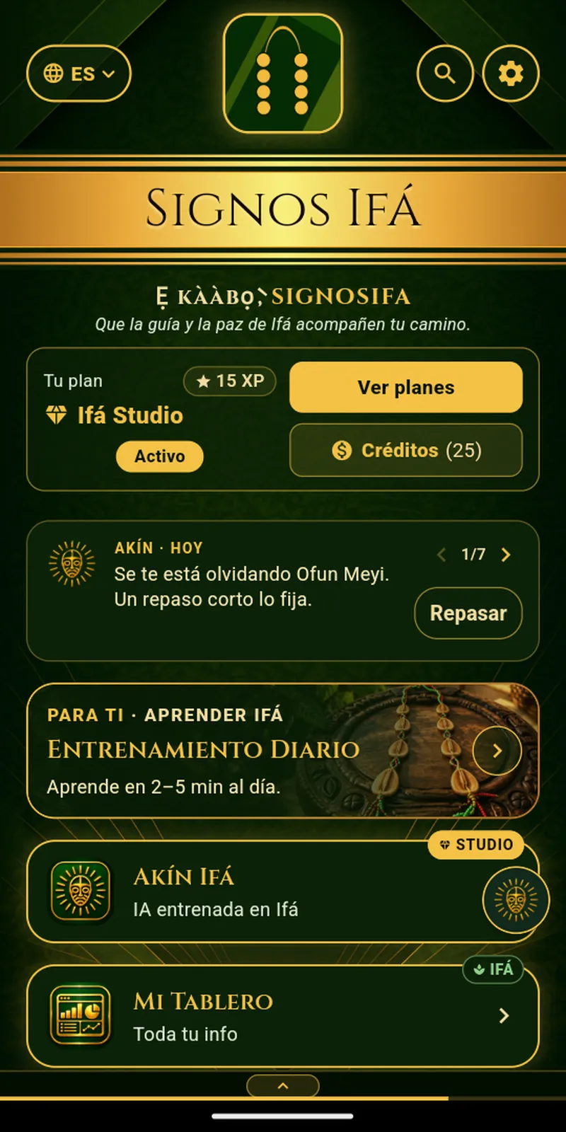 Pantalla «Inicio» de Signos de Ifá en iPad
