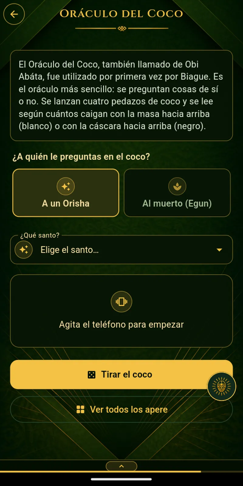 Pantalla «Obi» de Signos de Ifá en iPad