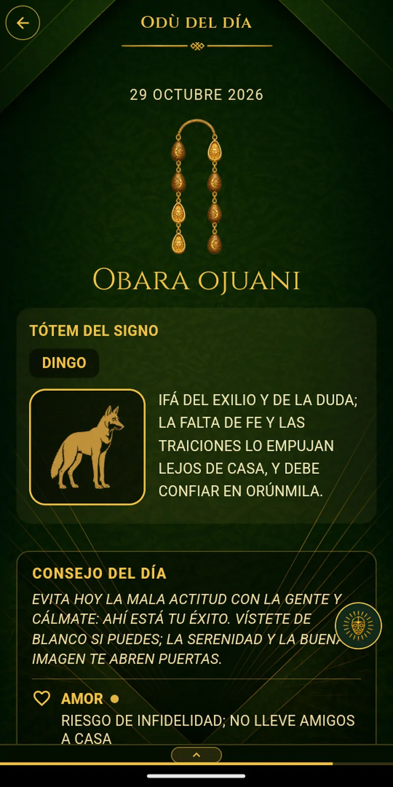 Pantalla «Odù del día» de Signos de Ifá en iPad